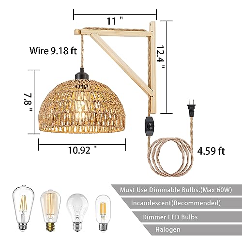 KAMTAT Boho Rattan Wall Sconce Plug in Hanging lamp Hand Woven Plug in Wall Sconces Rattan Rope Wall Light Farmhouse Wall Mounted Light Boho Wall Sconces Wall Lighting for Bedroom Living Room(1PK)