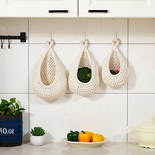 Honeydak Boho Decor Hanging Wall Baskets for Kitchen 3 Pack Teardrop Baskets with Hooks Storage Fruit Onion Vegetable Potato for Home 3 Sizes(White,Teardrop,Cotton Rope) - color: White, size: Cotton Rope, style: Teardrop