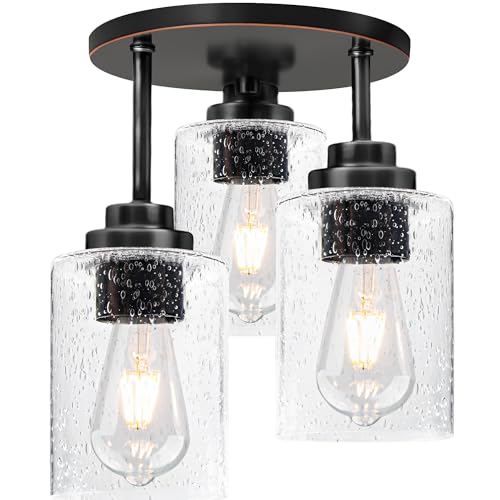 hykolity 3-Light Semi Flush Mount Ceiling Light, 9 Inch Oil Rubbed Bronze Close to Ceiling Light Fixtures with Seeded Glass Shades, Modern Ceiling Lighting for Kitchen, Bedroom, Entryway, ETL Listed - color: Oil-Rubbed Bronze