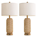 OYEARS 25" Table Lamps Set of 2 with Night Light,Bedside Lamps for Bedroom,Boho Lamps with USB C+A Charging Ports,Farmhouse Table Lamp with Rattan,Frosted Glass,Linen Shade (Wood Grain,Bulb Included) - color: Wood-Grain