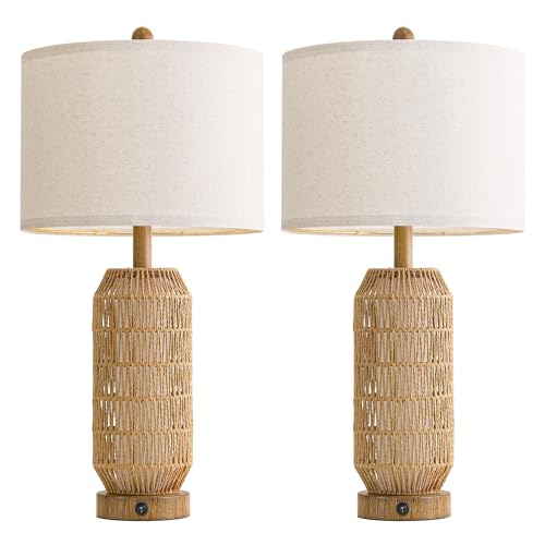 OYEARS 25" Table Lamps Set of 2 with Night Light,Bedside Lamps for Bedroom,Boho Lamps with USB C+A Charging Ports,Farmhouse Table Lamp with Rattan,Frosted Glass,Linen Shade (Wood Grain,Bulb Included) - color: Wood-Grain