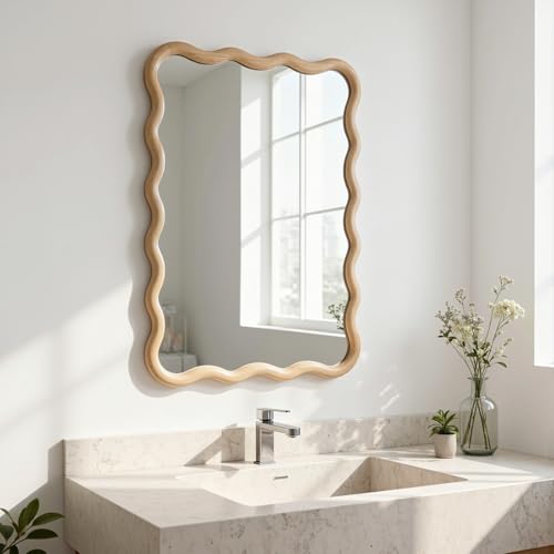 Bathroom Mirror for Wall,20x28 inch Large Irregular Wavy Wood Modern Boho Vanity Farmhouse Mirrors for Bedroom Living Room Entryway Hallway Fireplace - size: 28"L x 20"W