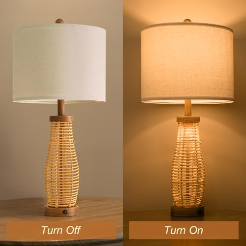 OYEARS 28" Table Lamps Set of 2 with Dual Night Lights, Bedside Lamps for Bedroom, Boho Lamp for Living Room, Rattan Table Lamp with Linen Shade, Farmhouse Lamp with Wood Grain Finish (Bulb Included) - color: Antique Brown