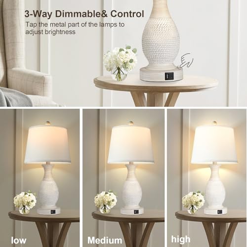 PARTPHONER Table Lamps Set of 2, Bedside Touch Lamp with USB C+A Charging Ports, Side Table Lamp with White Fabric Shade (LED Bulbs Included) - size: (No Color) 22.6" Touch Lamp