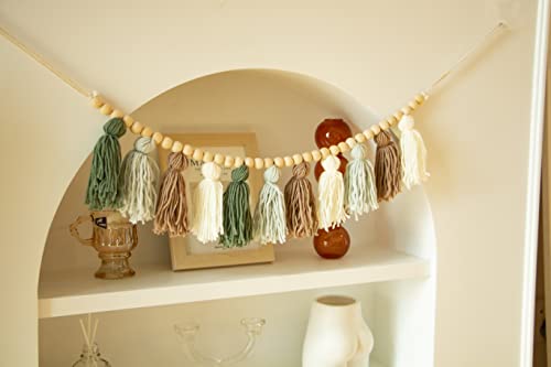 Tassel Garland - Boho Tassel Garland with Wood Beads - Wall Decor for Dorm, Girls Room and Nursery Room - Olive Green (36 inch) - size: 36 inch