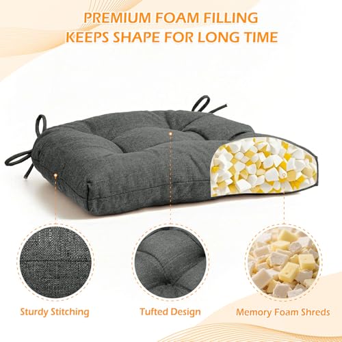 Chair Cushions for Dining Chairs Set of 6, Non Slip Indoor Kitchen Chair Cushions with Ties, Tufted Memory Foam Seat Chair Pads, 17" x 16" x 3", Dark Gray - color: Dark Gray, size: Pack of 6