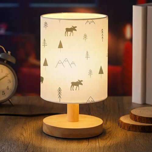 VIHOSE Forest Animals Bedside Table Lamp Vintage Nightstand Lamp with Linen Fabric Shade Solid Wood Base Decoration for Kids Living Room Bedroom Desk Dorm - style: Forest Animals