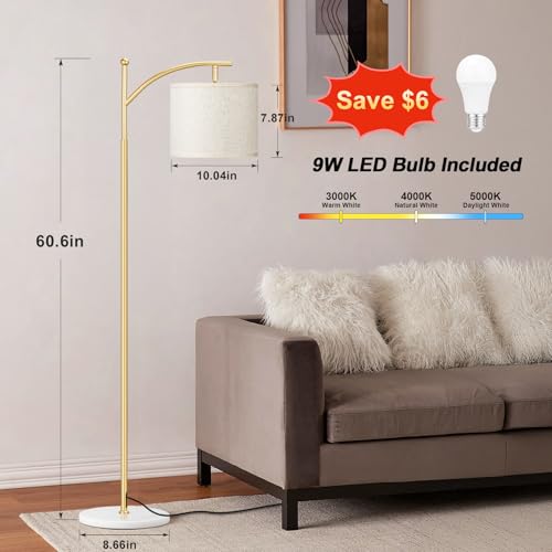 Ambimall 60" Floor Lamp for Living Room with 3 Color Temperatures, Gold Standing Lamp with White Marble Base, Modern Tall Lamp for Bedroom Office, 9W LED Bulb Included - color: Marble Base & Gold