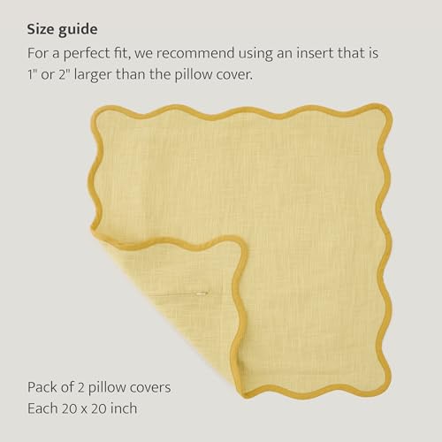 Double Stitch Scalloped Throw Pillow Covers - 100% Cotton Set of 2 Decorative Boho Pillow Covers 20 x 20, Made in India, Square Cushion Case, Modern Home Decor for Couch Sofa, Lemon Yellow - color: Lemon Yellow, size: 20" x 20" (Pack of 2)