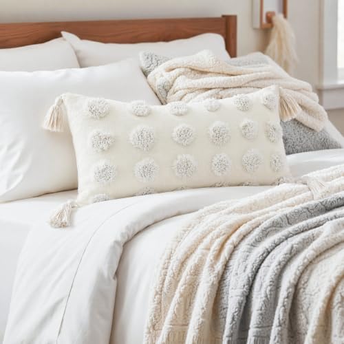 PANOD Super Soft Farmhouse Decorative Plush Throw Pillow Covers 12 x 20 White,Solid Pom pom Tufted with Tassels Modern Accent Boho Lumbar Cushion Cover Pillow Case for Couch Sofa - color: White, size: 20" x 12" (Pack of 1)