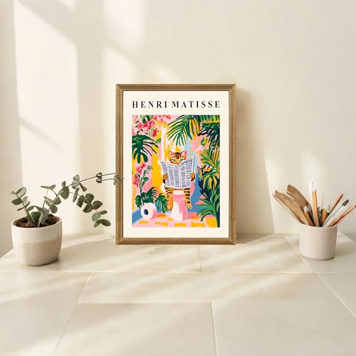 ICHZUMW Funny Tabby Cat Bathroom Wall Art, Framed Colorful Matisse Canvas Print Painting Artwork, Quirky Animal Reading Picture, Girly Pink Dopamine Wall Decor, Restroom Powder Room Bedroom, 12x16in - color: Matisse Reader, size: 16"L x 12"W