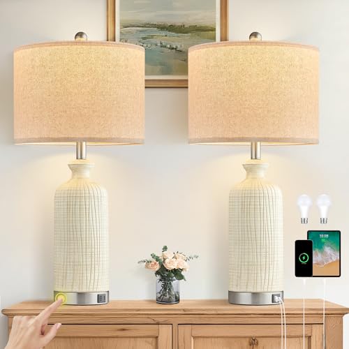 Living Room Lamps Set of 2, 27" Touch Lamps for Nightstand with USB A+C Ports, Modern Farmhouse Table Lamps for Bedroom, Beige - color: Beige