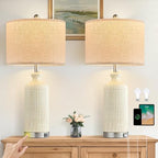 Living Room Lamps Set of 2, 27" Touch Lamps for Nightstand with USB A+C Ports, Modern Farmhouse Table Lamps for Bedroom, Beige - color: Beige
