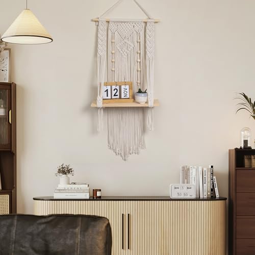 HVEST Macrame Wall Hanging Shelf Boho Decor Handmade Woven Tapestry for Bedroom, Macrame Wall Art Wood Floating Shelf for Living Room Office Nursery Decor Plant Hanger, 34.2L X 15.7W inches - color: Beige