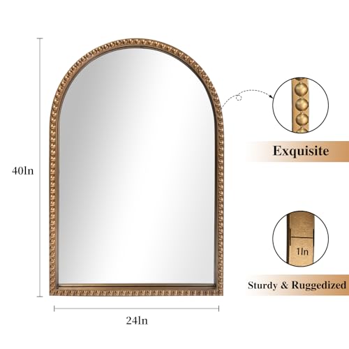 ironsmithn Gold Arched Mirror, 24"x40" Beaded Frame Arch Mirrors, Marlowe Decorative Accent Mirrors for Fireplace Bedroom Bathroom Living Room Entryway - size: 40"L x 24"W