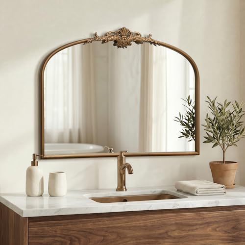 Besdomus Vintage Arched Gold Mirror: 32"x24" French Large Gold Vintage Wall Mirror - Baroque Traditional Ornate for Bedroom/Fireplace/Bathroom/Hallway - Ideal Gifts for Housewarming/Birthday - color: Brass Gold, size: 24"L x 32"W