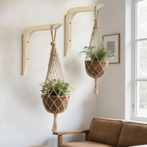 Wooden Plants Hanger, Plant Hangers Indoor Wall Mount, 8.58-Inch Hanging Plant Hooks For Wall, Basket Hooks for Lanterns, Flower Bracket, Wind Chimes, Lamp, Bird Feeders, Patio Decor(wood color 2PCS) - color: Light wood color 2PCS