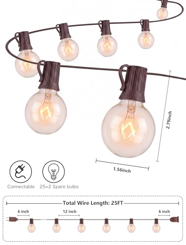 SUNSGNE 25Ft Globe String Lights with 27 Clear G40 Bulbs, Natural Warm Bulb Hanging Umbrella Lights for Backyard Patio Garden Party Cafe Indoor Outdoor Decor-Brown - color: Clear-Brown, size: 25 Ft