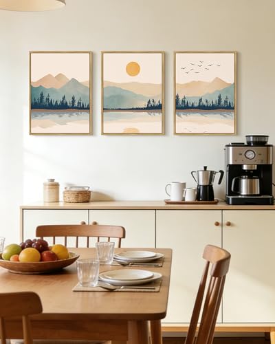 KUVIOKE Mountain Landscape Framed Wall Art Watercolor Nature Laker Painting Sun Rises Boho Farmhouse Rustic Home Decor 12x16in (Natural Framed) - color: Laker and Mountain, size: 12 x 16in x 3 Panels Natural