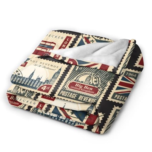 British Stamp Throw Blanket, Vintage England Buildings London Culture Element Retro Warm Cozy Flannel Soft Blanket for Couch Chair Sofa Bed Bedroom Living Room Car for All Season 30"x 40" - color: Country02, size: 30X40 inch