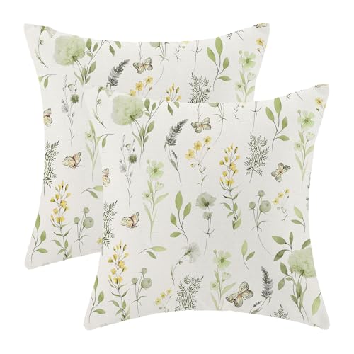 AEIOAE Spring Pillow Covers 16x16 Inch Set of 2, Sage Green Yellow Wild Flower Throw Pillows Case,Colorful Seasonal Floral Plant Outdoor Decorative Farmhouse Decor Cushion Covers for Sofa Bed Couch - color: Sage Green Yellow Flowers, size: 16" x 16" (Pack