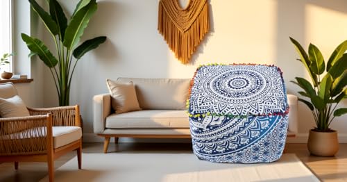 CRAFT KALA Indian Square Patchwork Traditional Pouf Cover Indian Living Room Poufs Cover Decorative Designer Ottoman Pom Pom Home Living Footstool Chair Cover Ottoman Decor 18X18X14 inches, Blue Ombre - color: Blue Ombre