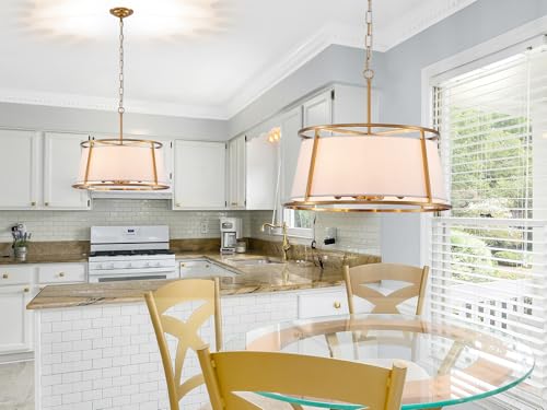Shrine Lighting Drum Chandeliers, Modern Style, Perfect Pendant Light Fixture for Dining Room, Living Room, D20'' x H9'', Adjustable Chains 59'', E12*4 Sockets, White Lampshade & Brass Finish Frame - color: Brass D19.7''