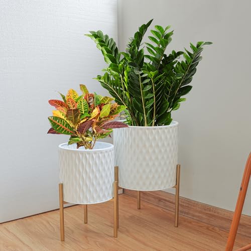ARNIS Plants Pots with Stand, Set of 2 P lanters, Unique Mid Century Decorative Metal Flower Pots with Drainage, 8.25 & 10.5 Inch, White and Gold - color: Glossy White, size: 8.25 &10.5