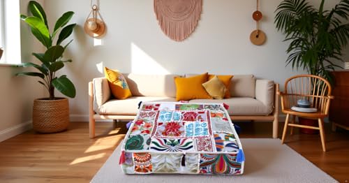 CRAFT KALA Indian Square Patchwork Traditional Pouf Cover Indian Living Room Poufs Decorative Embroidered Designer Ottoman Home Living Footstool Chair Cover Decor Pillow Cover 18x18x5 inches Off White - color: Off White, size: 18"D x 18"W x 5"H