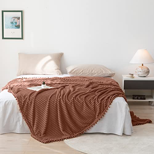 DISSA Fleece Blanket Twin Size – 60x80, Caramel – Soft, Plush, Fluffy, Fuzzy, Warm, Cozy – Perfect Throw for Couch, Bed, Sofa - with Pompom Fringe - Flannel Blanket Throw Blanket - color: Caramel, size: 60x80"