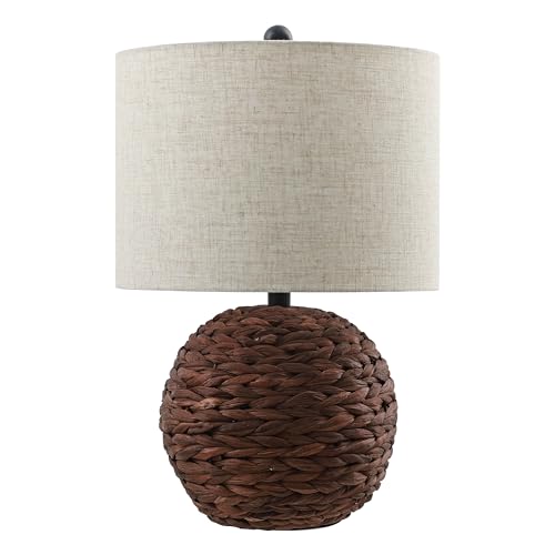 JONATHAN Y 21.5" Dark Brown Modern Coastal Woven Rattan Globe LED Table Lamp for Bedroom, Oatmeal Linen Drum Shade, LED Bulb Included, Rustic Bedside Lamp for Living Room (JYL6514B) - color: Dark Brown