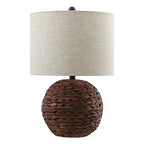 JONATHAN Y 21.5" Dark Brown Modern Coastal Woven Rattan Globe LED Table Lamp for Bedroom, Oatmeal Linen Drum Shade, LED Bulb Included, Rustic Bedside Lamp for Living Room (JYL6514B) - color: Dark Brown
