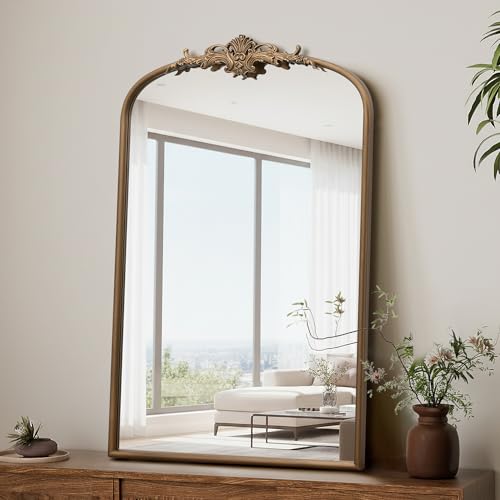 Besdomus Antique Gold Arched Mirror: 24"x36" French Large Brass Vintage Wall Vanity Mirror - Decorative Baroque Traditional Ornate for Entryway/Bathroom/Bedroom - Ideal for Bathroom Renovations - color: Brass Gold, size: 36"L x 24"W