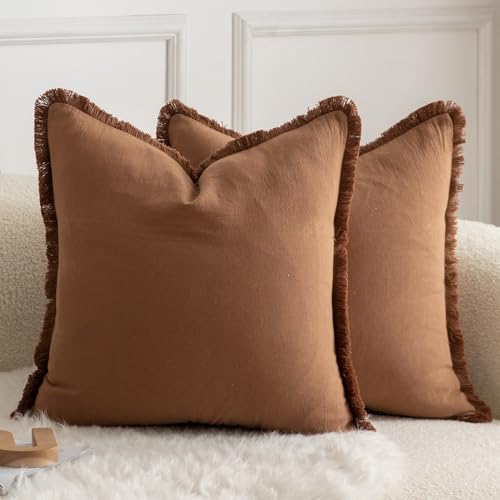 MANDIOO Set of 2 Neutral Cotton Fringe Throw Pillow Covers Decorative Boho Farmhouse Cushion Covers Cozy Tassels Pillowcase for Couch Sofa Bedroom Living Room Home Decor 20x20 Inch Brown - color: Brown, size: 20" x 20" (Pack of 2)