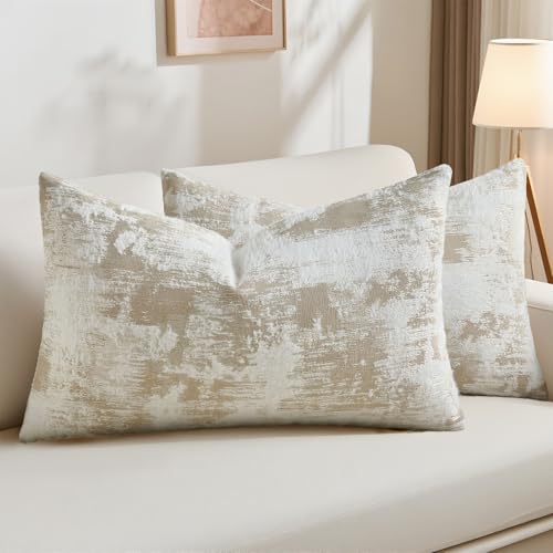 HAUSSY 2 Pack Lumbar Throw Pillow Covers 12x20 Inch,Faux Cashmere Jacquard Decorative Patten Furry Pillowcases Textured & Soft Cushion Covers for Couch Bed Room Home Decor,Brown White(Covers Only) - color: Brown White, size: 20" x 12" (Pack of 2)
