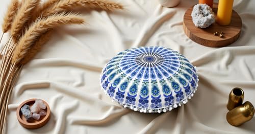 Round Mandala Floor Pillow Cover Seating Cushion Throw Cover Hippie Decorative Bohemian Ottoman Pouf Cover, Pom Pom Pillow Cases,Boho Indian 22 Inches (Sky)
