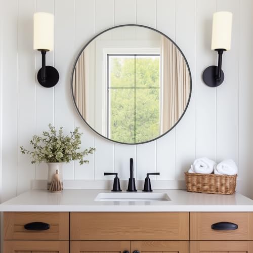 NEWBULIG 24IN Round Bathroom Wall Mirror, Modern Vanity Mirrors for Over Sink, HD Glass Decorative for Entryway, Bedroom & Living Room, Anti-Rust, Tempered Glass, Hanging or Leaning, Black - color: Black, size: 24.2"L x 24"W