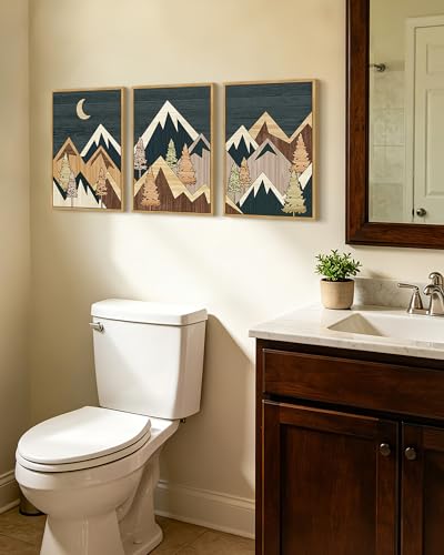 KUVIOKE Morden Mountains Framed Wall Art Boho Pine Tree Forest Nature Landscape Artwork Bohemain Farmhouse Rustic Home Decor 11x14in (Natural Framed) - color: Wooden Mountain, size: 11 x 14in x 3 Panels Natural