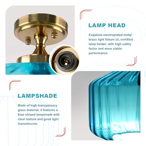 Antique Blue Close to Ceiling Fixture, 11 Inch Easy Install Semi Flush Ceiling Light, Glass Ceiling Light for Bathroom Laundry Coastal Apartment Hallway - color: Blue