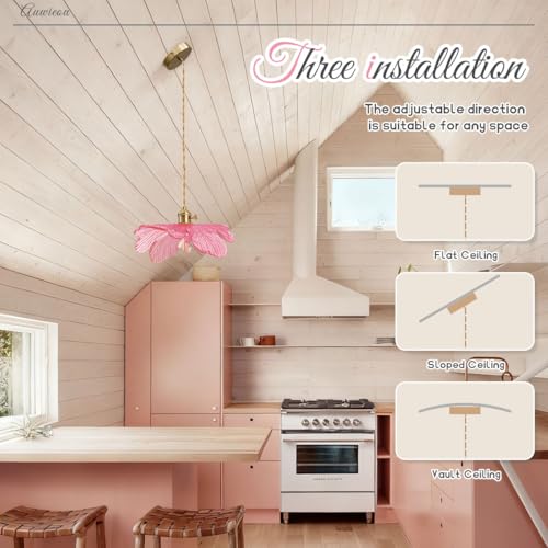 Pink Glass Pendant Lights Fixtures Flower Hanging Ceiling Light Girls Room Mid Century Pendant lamp Gold Chandelier for Kitchen Island Dining Room Foyer Cafe - color: Pink, Hardwired, size: Hardwired