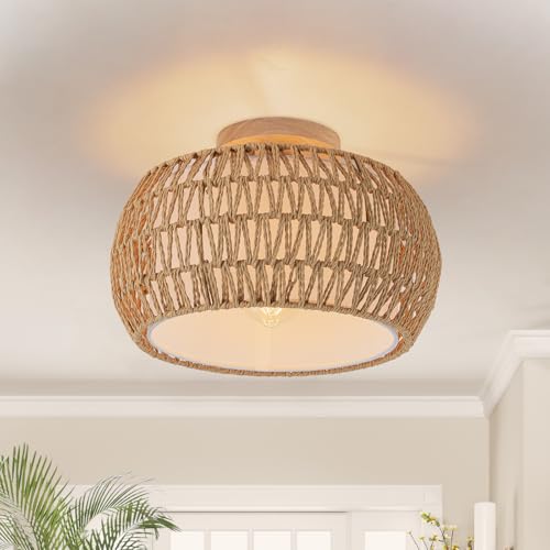 Rattan Light Chandeliers Boho Ceiling Light Fixtures Drum Flush Mount Ceiling Light Small Woven Chandelier for Kitchen Bedroom Hallway Nursery Light Fixture - color: Rattan Drum