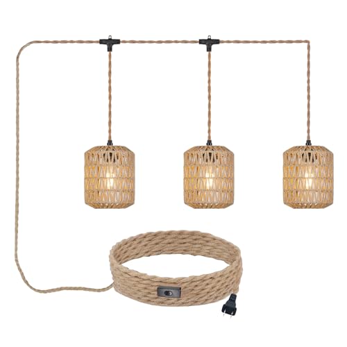 3 Lights Plug in Pendant Light with Cord On/Off Switch Rattan Hanging Lamp with 22ft Hand Woven Wicker Plug in Chandelier Boho Hanging Lights Fixture for Bedroom Kitchen Hallway Foyer - size: 3 Light