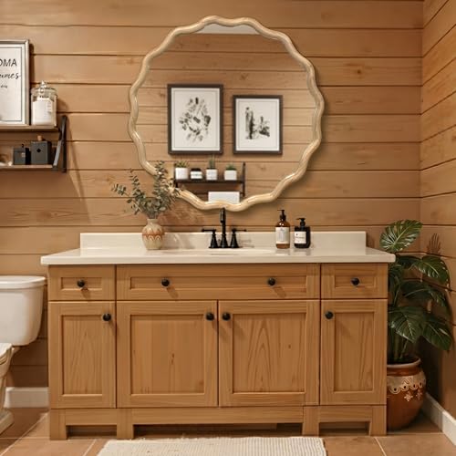 Circle Wood Mirrors for Wall, Wavy Round Bathroom Scalloped Mirror Wooden Frame 36 Inch for Living Room Farmhouse Bedroom Hallway Entryway Living Room with Shatterproof Glass Wall Mounted - size: 36"L x 36"W