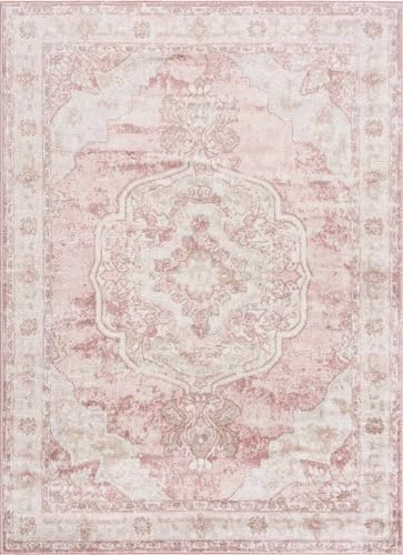 BoutiqueRugs Pink Oriental Traditional Cream 6x9 Area Rug Plum Beige Floral Medallion Kandos Living Room Bedroom Dining Room Home Office Apartment 6'4" x 9'2" Stain Resistant Non-Shedding Pet Friendly - color: Cream/Pink/Plum, size: 6'7" x 9'2" (Rectangul