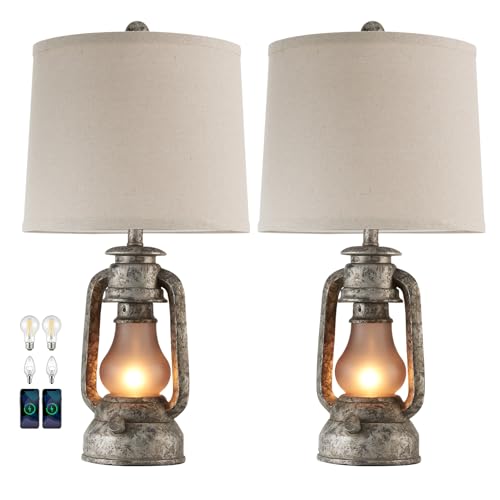 Farmhouse Rustic Table Lamps Set of 2, Iron Gray | Vintage Lantern Design, Dual USB Ports, For Living Room Bedroom Bedside, 4 Bulbs Included - color: Iron Gray - 22'' Lantern Lamps