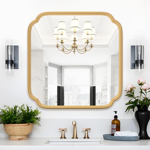 Ferytange Gold Bathroom Mirror for Wall 24" x 24" Modern Rounded Corner Square Mirror with Non-Rusting Iron Metal Framed Bathroom Vanity Mirror for Over Sink Wall Decor Horizontal/Vertical - color: Gold, size: 24"L x 24"W