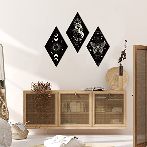Sintuff 6 Pieces Gothic Wall Decor Boho Sun Moon Phases Wall Art Gothic Minimalist Stars Sun Hanging Wooden Home Decor Farmhouse Pediments for Gallery Living Bedroom Room(Boho) - style: Bohemian