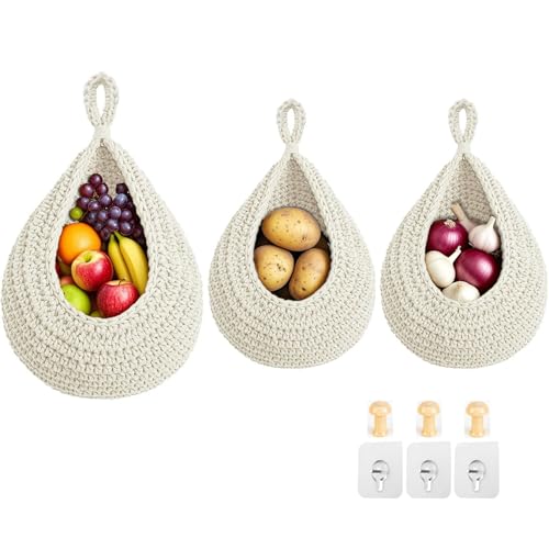 Hanging Fruit Baskets for Kitchen, 3 Pack Boho Cotton Rope Handwoven Vegetable Storage Wall Mounted Large Organizing Basket for Farmhouse Decor, Onion, Potato, Garlic and Plants (White) - color: White