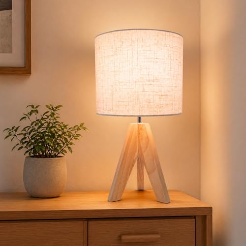Tripod Table Lamp Linen: Small Bedside Lamp with Natural Rubber Wood Base, Wooden Nightstand Lamp for Bedroom Living Room Nursery Office, Mid Century Modern Desk Lamp, E26 Socket