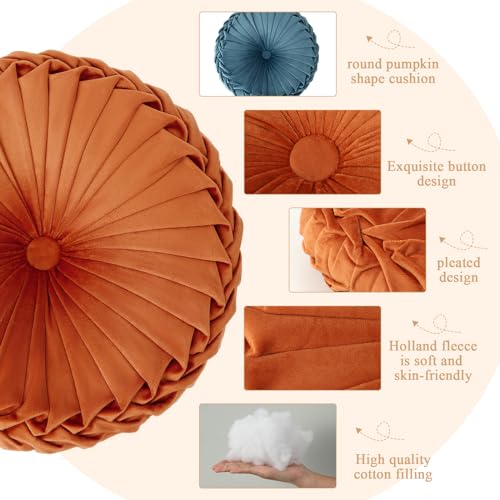 Drydiet 3 Pcs Round Throw Velvet Pillows Decorative Pleated Throw Pillows Diameter Accent Pumpkin Boho Chair Cushion for Couch Sofa Home Decoration (Yellow,Brunt Orange,Blue,15'') - color: Yellow,brunt Orange,blue, size: 15''